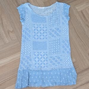 RENEEC. Light Blue Patchwork Pattern Cap Sleeve Tunic Coverup